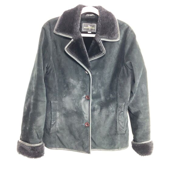 Brandon Thomas Suede Jacket Coat Black Fur Lining Collar Sleeves Womens Medium - Picture 1 of 15